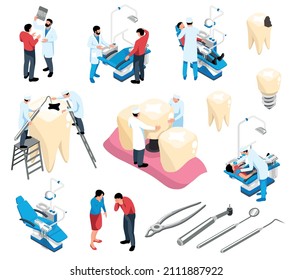 Dentist isometric colored icons set of dentistry instruments teeth with caries dentures and implants isolated vector illustration