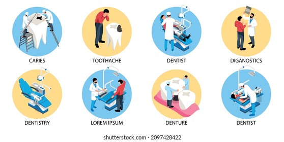 Dentist isometric design concept set of diagnostics toothache caries denture round icons isolated vector illustration