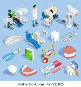 Dentist isometric icons set with tooth and healthcare symbols on blue background isolated vector illustration 