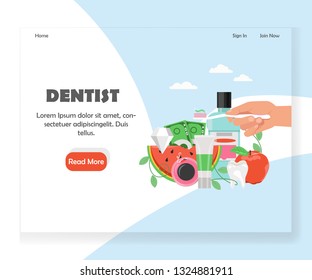 Dentist landing page template. Vector flat style design concept for dental website and mobile site development. Dental hygiene services and treatment.
