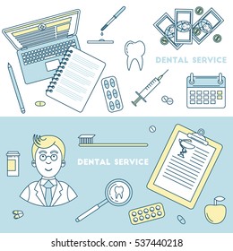 Dentist line banners. Vector illustration with tooth, toothbrush and doctor 