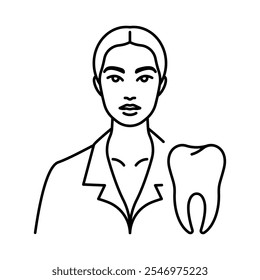 Dentist, line icon. Female doctor wearing medical robe and small symbol a tooth. Dentistry and teeth care issue. Oral surgery concept. Linear illustration, editable stroke icon