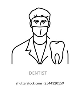 Dentista, ícone de linha. Médico do sexo masculino usando máscara médica e boné, sinal de dente. Problema de odontologia e cuidados dentários. Conceito de cirurgia oral. Ilustração linear, ícone de traçado editável