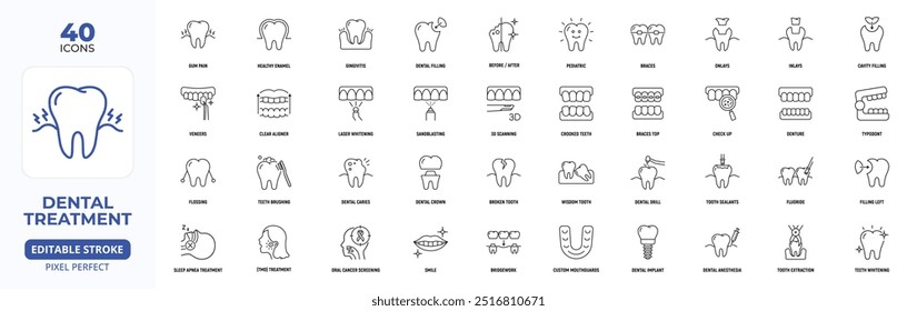 Conjunto de iconos de la línea del dentista, dolor de encías, TMD, cáncer oral, accidente cerebrovascular editable.