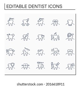 Dentist Line Icons Set. Modern And Healthy Teeth Care Concept. Veterinary Dentistry, Treatment, Screening, Cosmetic Dentistry Etc. Isolated Vector Illustration. Editable Stroke