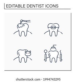 Dentist line icons set. Orthodontics, caries treatment, veterinary dentistry, dental appliances. Healthcare concept. Isolated vector illustration. Editable stroke