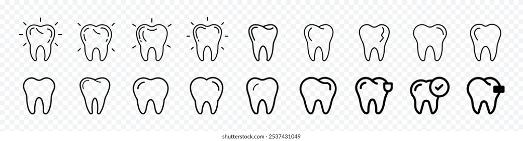 Dentist line icons, Tooth or teeth icons for dentistry clinic, Tooth vector icon, Tooths icon, Vector Tooths Icon Symbol Set, Tooth icons, Tooth Care Line Icon Set. Dental Implant