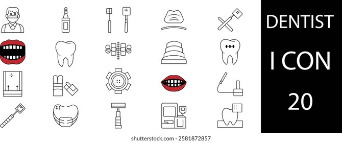 a dentist line set icon vector illustration , Include Dentists, Dentistry, Patient, Person, Dental Treatment, Human Tooth, Molar, Oral Hygiene, Toothbrush, Toothpaste, Brushing Teeth,