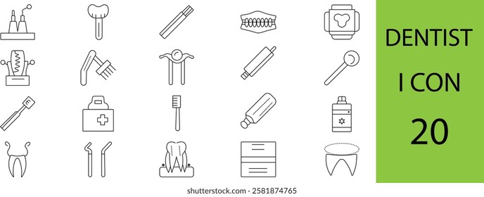 a dentist line set icon vector illustration , The set contains icons: Dentist, Teeth, Dental Health, Dentist's Office, Dental Implant, Dental Braces.