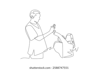 Dentist and little girl patient high-fiving. Visiting dentists concept one-line drawing