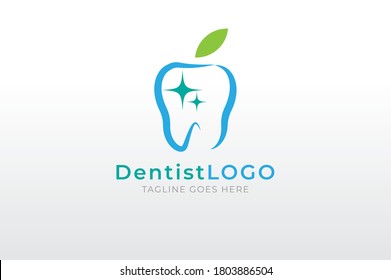 Dentist  logo, apple fruit and shiny teeth combination, Flat Logo Design Template, vector illustration