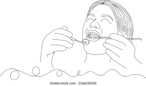 Dentist logo, Dental Doctor vector, Sketch drawing of dentist looking teeths with dental tool mirror explorer and forceps
