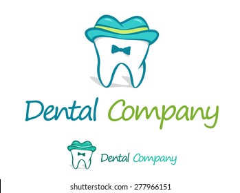 Dentist logo vector design template. A playful illustration of a tooth in a hat with a bow-tie.