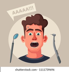 Dentist Looking Into Open Mouth Of Patient. Funny Afraid Person. Cartoon Vector Illustration