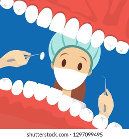 Dentist looking into open mouth of patient. Happy dentist day greeting card. Idea of oral care and teeth treatment. Isolated vector flat illustration