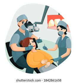 
The dentist looks through a special microscope. The assistant stands with dental instruments. The patient lies on the couch and smiles. Image of teeth on the monitor screen. Vector illustration