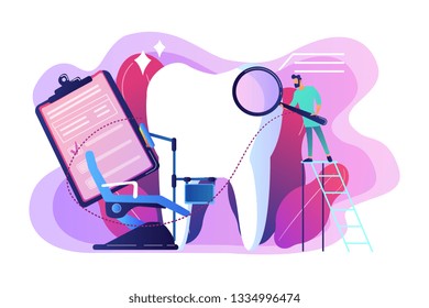 Dentist with magnifier on ladder examining huge patient tooth and dental chair. Private dentistry, dental service, private dental clinic concept. Bright vibrant violet vector isolated illustration