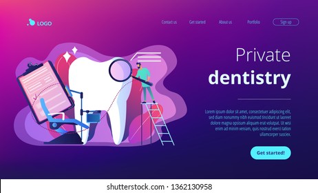 Dentist with magnifier on ladder examining huge patient tooth and dental chair. Private dentistry, dental service, private dental clinic concept. Website vibrant violet landing web page template.