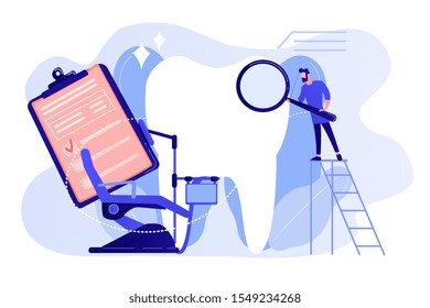 Dentist with magnifier on ladder examining huge patient tooth and dental chair. Private dentistry, dental service, private dental clinic concept. Pinkish coral bluevector vector isolated illustration