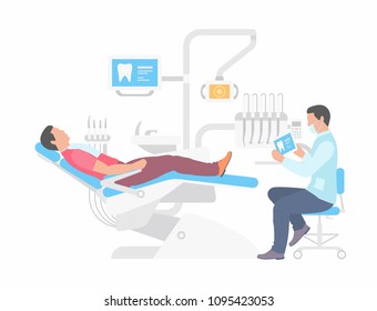 Dentist and Man in Dentist Chair. flat style. isolated on white background