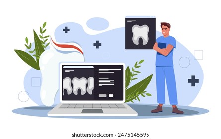 Dentist man concept. Young guy in medical uniform stands near laptop with dental Xray. Dentistry and stomatology. Treatment of teeth. Cartoon flat vector illustration isolated on white background