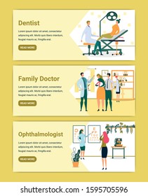 Dentist Man Examining Patient Teeth, Family Doctor, Ophthalmologist Flat Catoon Banners Vector Illustration. Woman Lying Down in Dental Chair. Eyesight Medical Check up, Doctor with Pointer.