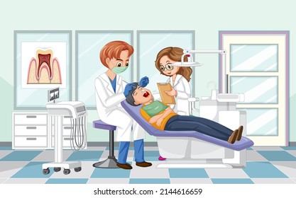 Dentist man examining patient teeth in clinic illustration