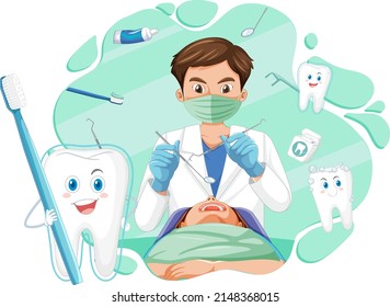 Dentist man examining patient teeth on white background illustration