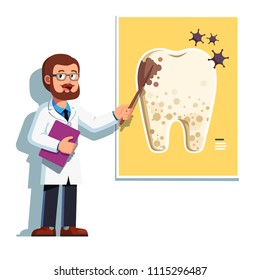 Dentist man showing caries affected tooth on poster. Doctor giving recommendations on prevention of dental caries or tooth decay. Dentistry professor lecture. Flat vector character illustration isolat