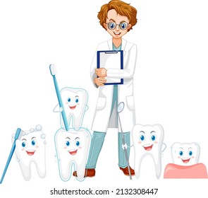 Dentista con muchos dientes grandes en ilustración de fondo blanco