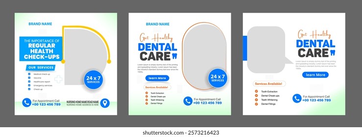 Dentist marketing social media post template square banners or healthcare medical service promotion flyer