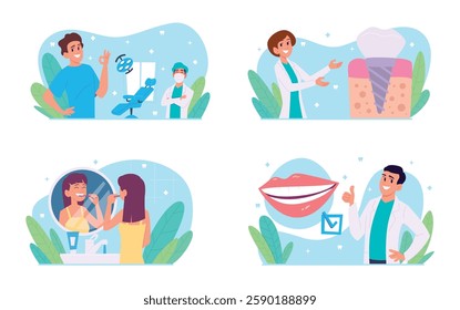 Dentist. Medical concept illustration with dental doctors oral care ant teeth exact vector flat illustrations set