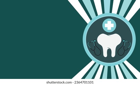 Dentist medical concept vector banner design with tooth icon, stethoscope icon, medical cross icon on a green background with geometric pattern and space for text.