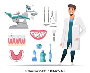 Dentist and medical equipment tooth care flat set. Cartoon dental operation chair, instruments and tools, braces, oral cavity, inflamed gums, caries, toothpaste. Vector illustration isolated on white