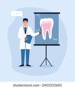 A dentist in a medical gown points to a poster with a picture of a tooth. Flat vector illustration.
