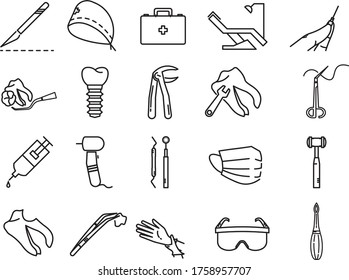 Dentist and medical line icon set 1. Icons like tooth, mask, gloves, glasses, chair, needle and much more are included.