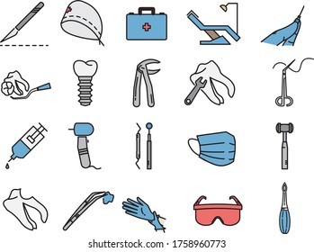 Dentist and medical line icon set 1. Icons like tooth, mask, gloves, glasses, chair, needle and much more are included.