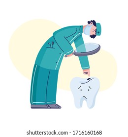 Dentist in medical mask looking at bad tooth with caries. Stomatologist character at work gets a close look at tooth hole. 