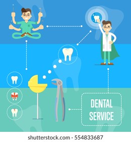 Dentist in medical uniform with many hands holding dental instruments and sitting in lotus posture. Dentist in white coat and superhero cape. Dental service banner. Tooth extraction process scheme