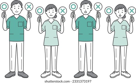 Dentist men and women raising ⚪︎ and × tags