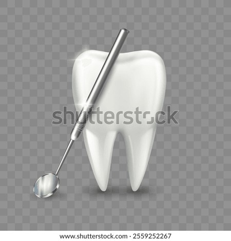 Dentist mirror for teeth with healthy tooth. Vector isolated realistic medical orthodontist tool with molar. Dental treatment and health care concept. Dentistry design for medicinal advertisement