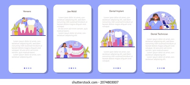Dentist mobile application banner set. Dental doctor in uniform treating human teeth using medical equipment. Dental technician setting an implant or veneer. Flat vector illustration