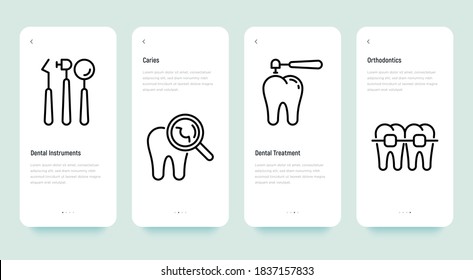 Dentist mobile user interface with thin line icons: dental instruments, caries under magnifier, orthodontics. Vector illustration, template with copy space.