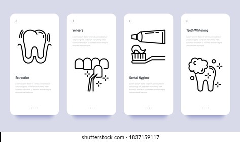 Dentist mobile user interface with thin line icons: tooth extraction, veneers, tooth whitening, toothpaste and toothbrush. Vector illustration, template with copy space.