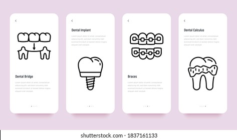 Dentist mobile user interface with thin line icons: tooth bridge, implant, braces, calculus. Vector illustration, template with copy space.