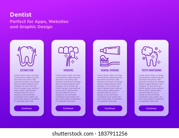 Dentist mobile user interface with thin line icons: tooth extraction, veneers, tooth whitening, toothpaste and toothbrush. Vector illustration, template with copy space.