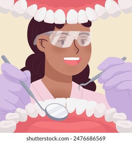 Dentist mouth view. Patient dental examination, doctor mask gloves checkup teeth inside oral cavity dentists diagnose healthy tooth, hygiene care medical swanky vector illustration