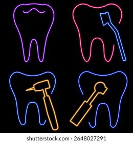 dentist neon icon group, vector illustration on black background.