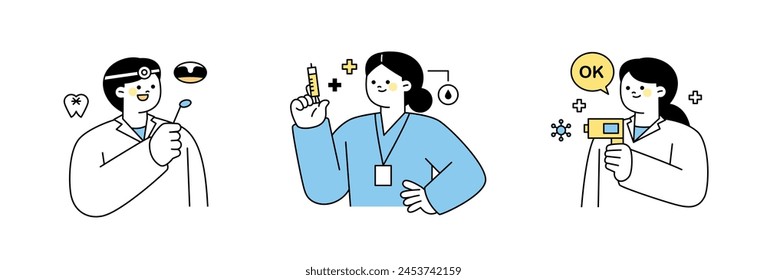 Dentist, nurse with syringe and doctor with thermometer. outline simple vector illustration.