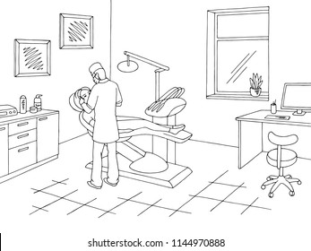 Dentist Office Clinic Graphic Black White Sketch Illustration Vector. Doctor Working